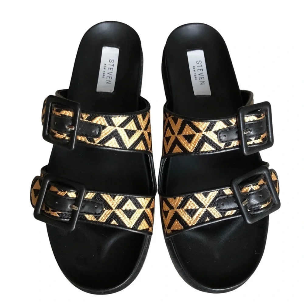 Steven New York Women's Micah Black and Gold Platform Sandals 6.5